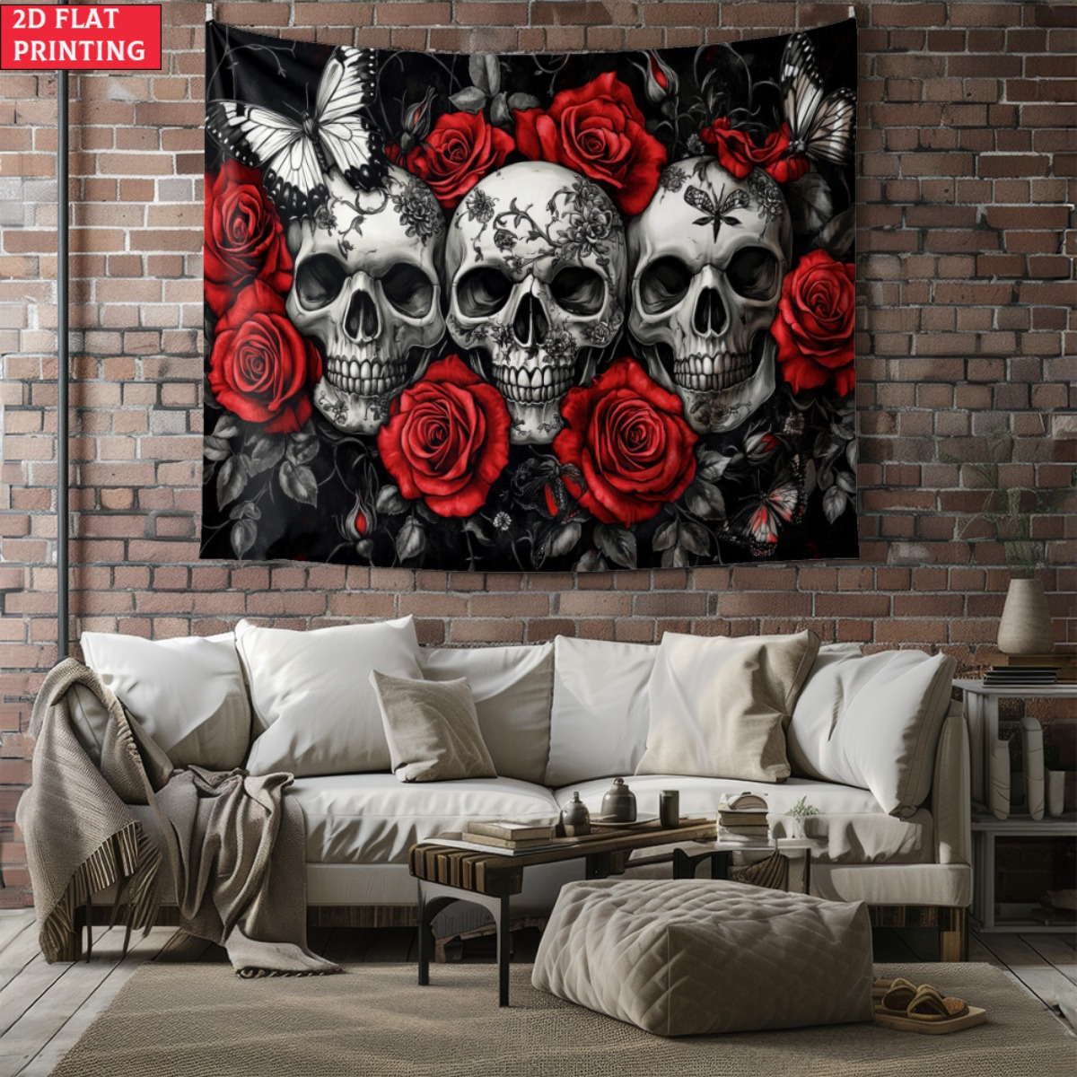 Interior Design Home Decor - Bezramowa Gobelin Gotycki Czaszka i Róże